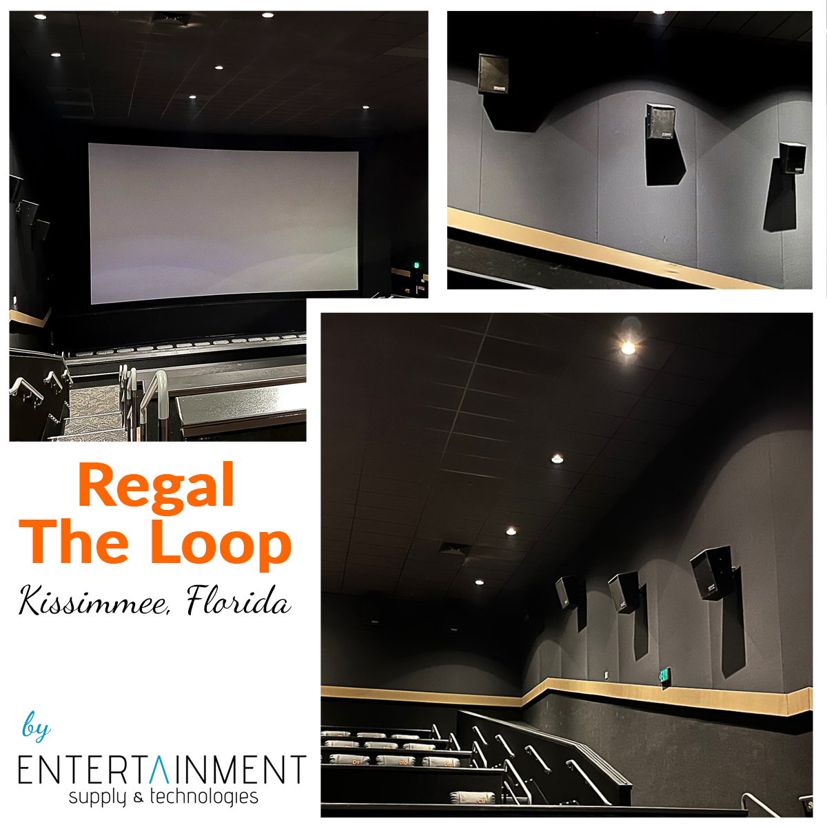 A collage of completed renovations in an auditorium at Regal Cinemas The Loop.
