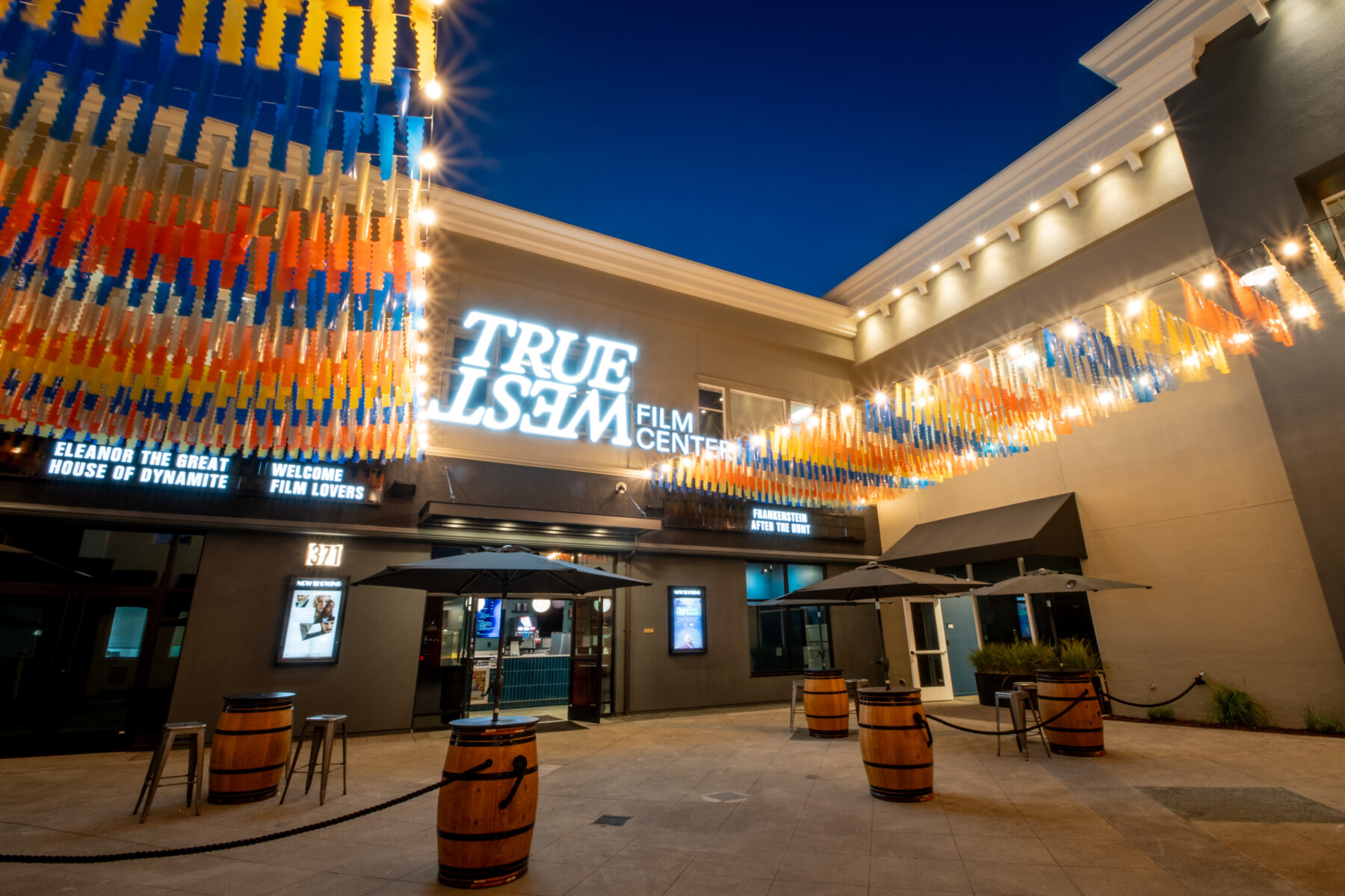 Looking at the courtyard space and entrance to True West Cinemas.