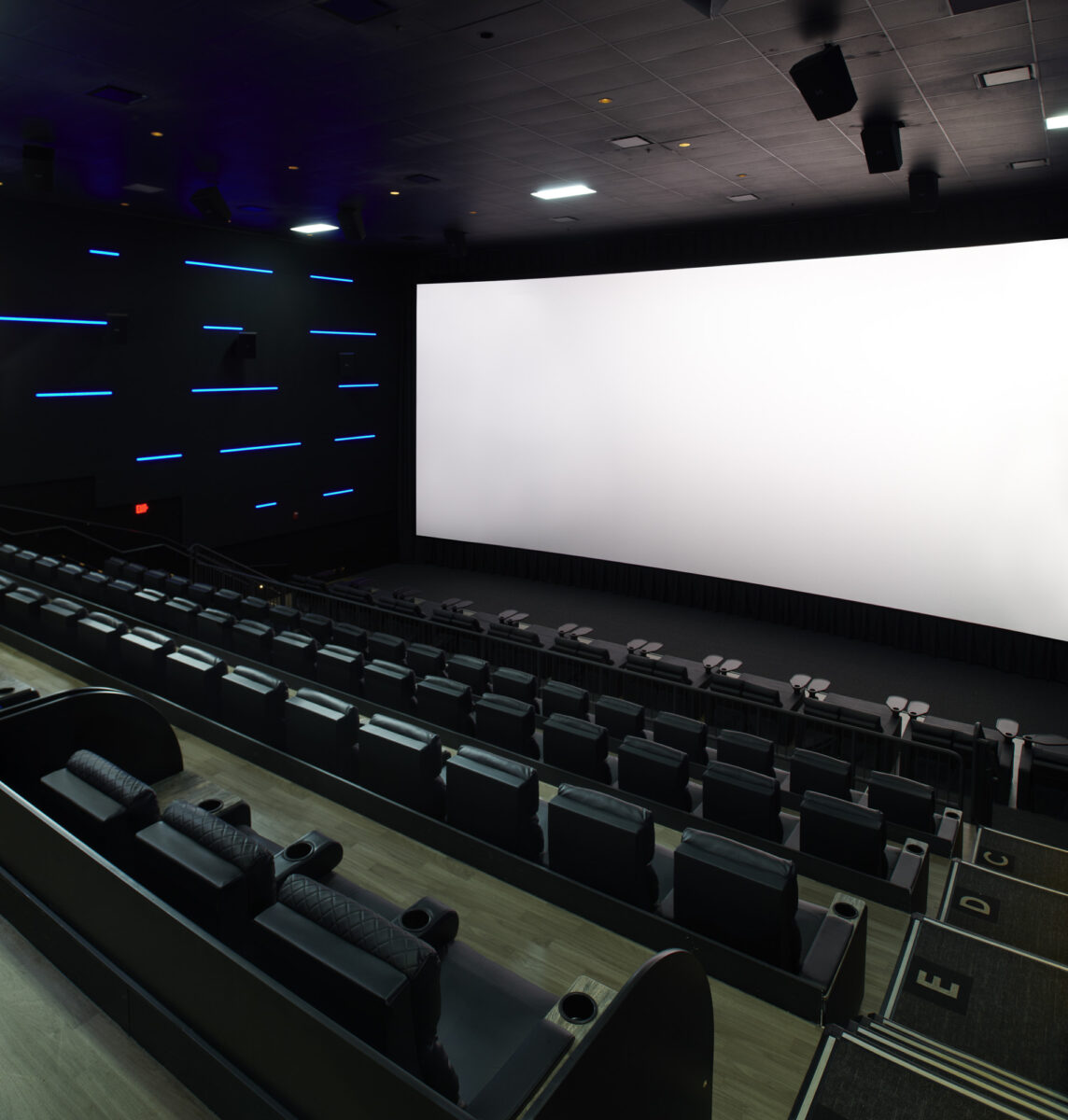 MJR Marketplace Laser Ultra auditorium, looking at the screen and overhead speakers.