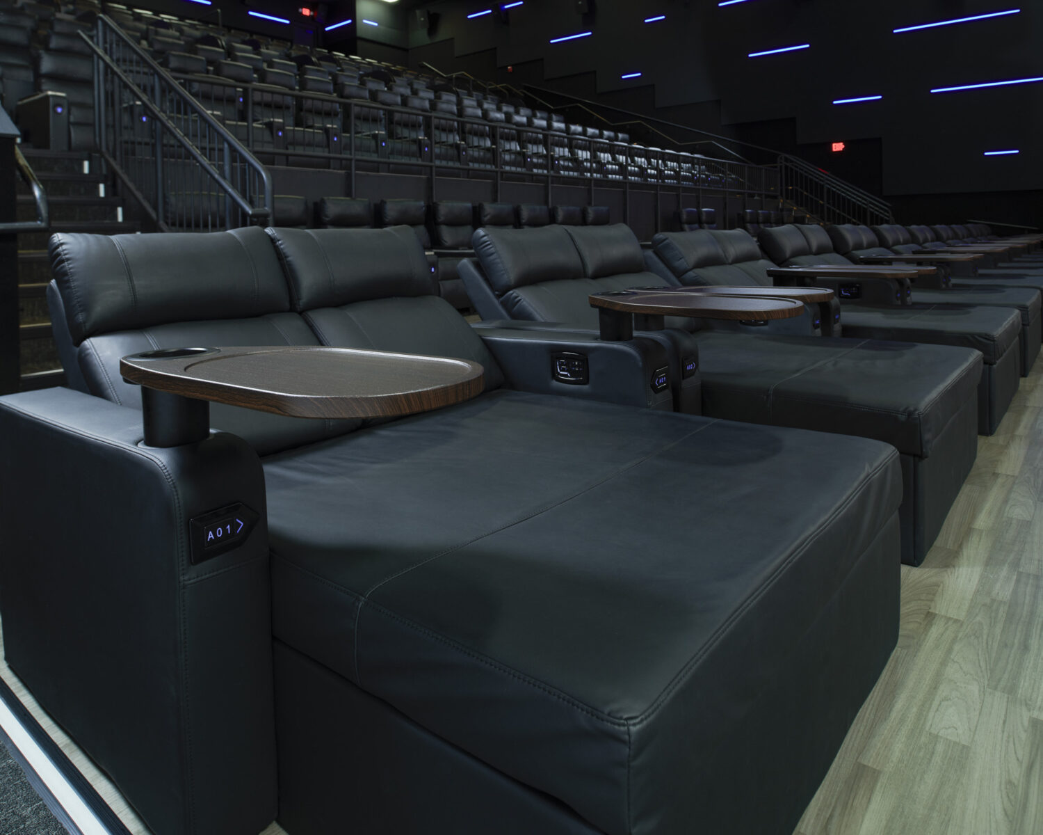 A close up at zero-gravity recliners in MJR Marketplace's Laser Ultra auditorium.