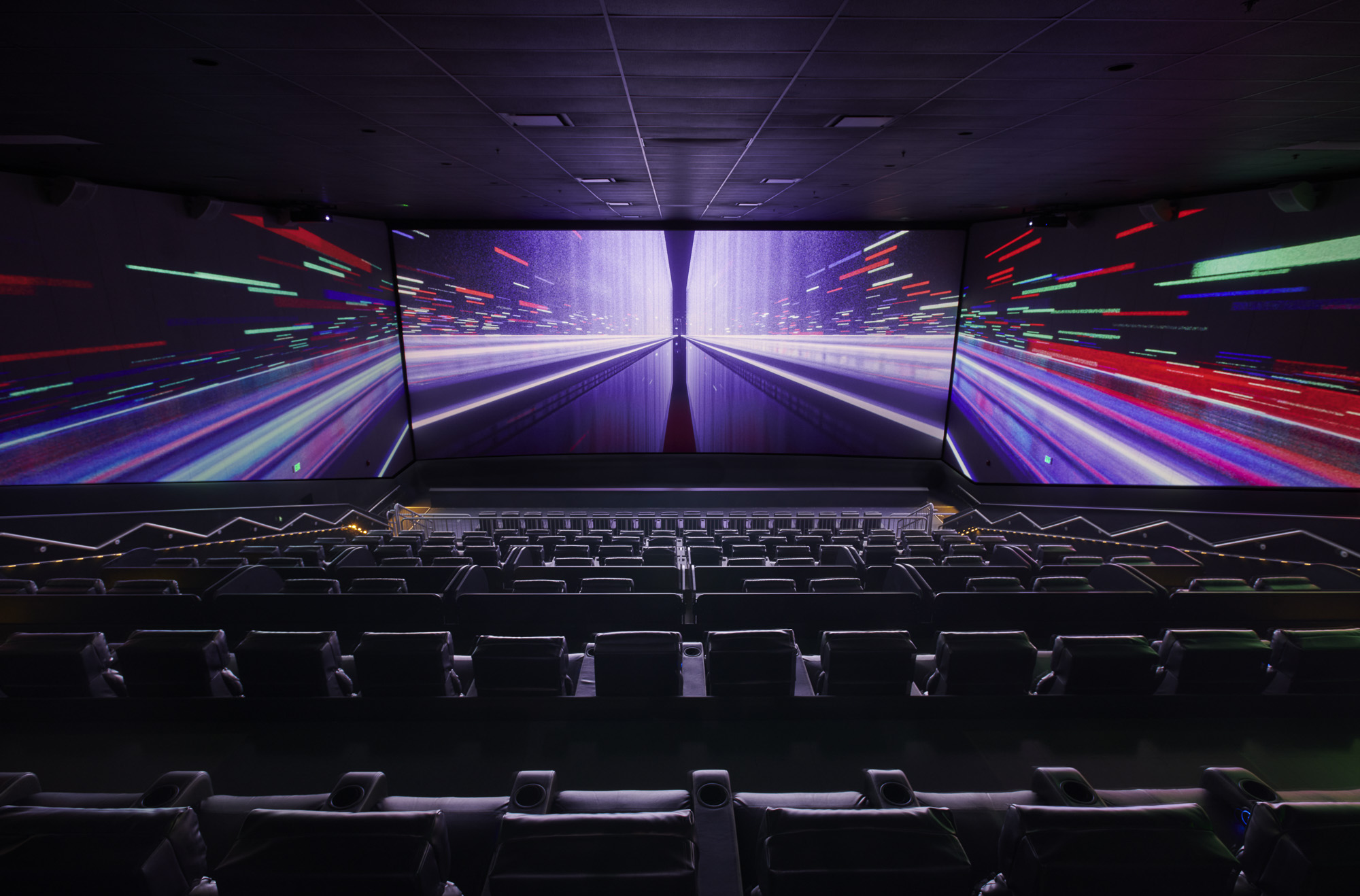 MJR Marketplace ScreenX auditorium view of the screen with laser image projected.